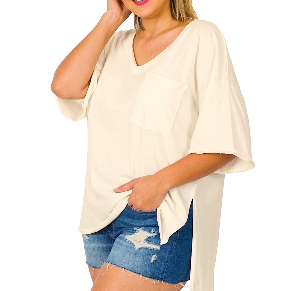 ZENANA Oversized Raw Edge Front Pocket Hi Low Tee Top